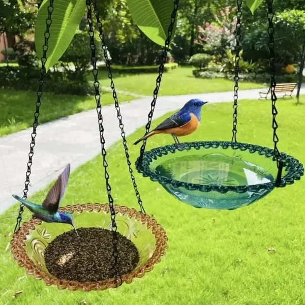 Hanging Bird Feeder & Birdbath Set – Flower Shaped Glass Bowls for Garden Decor, Outdoor Yard, Farm Supplies