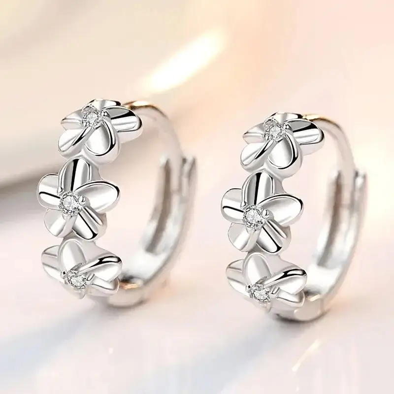 Sterling Silver Needle Earrings for Women's Wedding Fashion High Quality Jewelry Crystal Zircon Flower Cute Stud - Image 4
