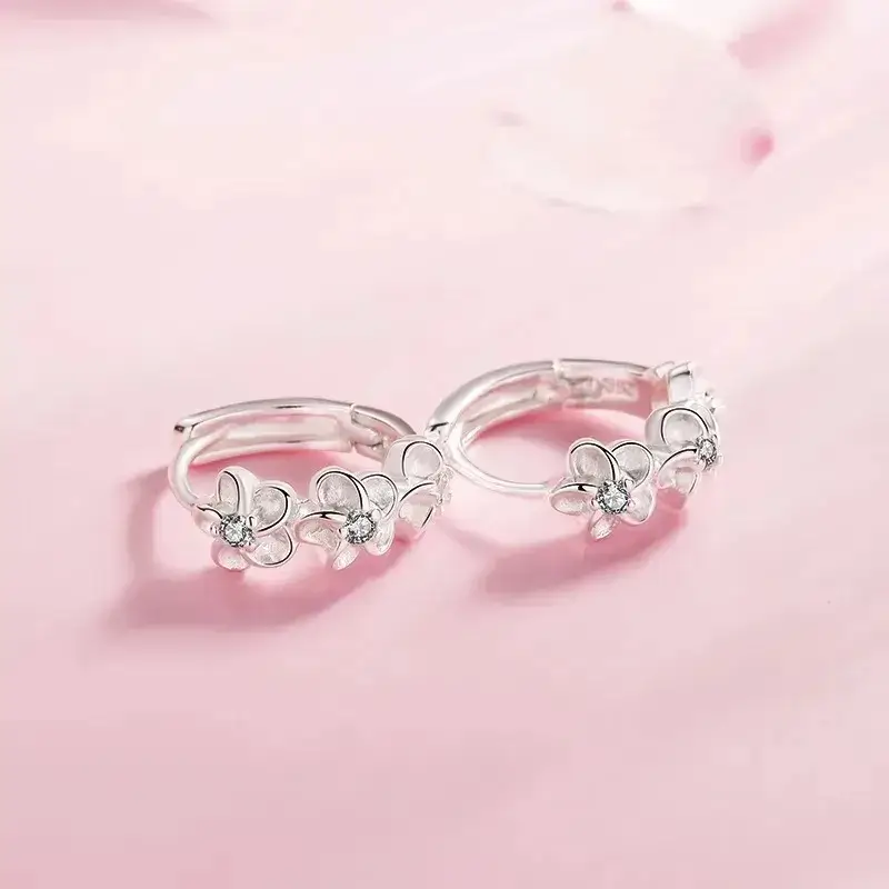 Sterling Silver Needle Earrings for Women's Wedding Fashion High Quality Jewelry Crystal Zircon Flower Cute Stud - Image 2