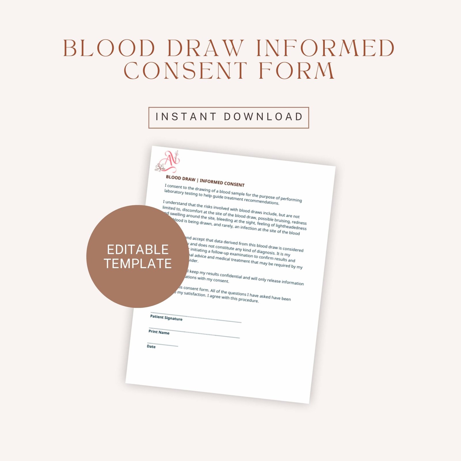 Blood Draw Informed Consent Form - Venipuncture Consent Template - Laboratory Testing Authorization - Clinical Medical PDF