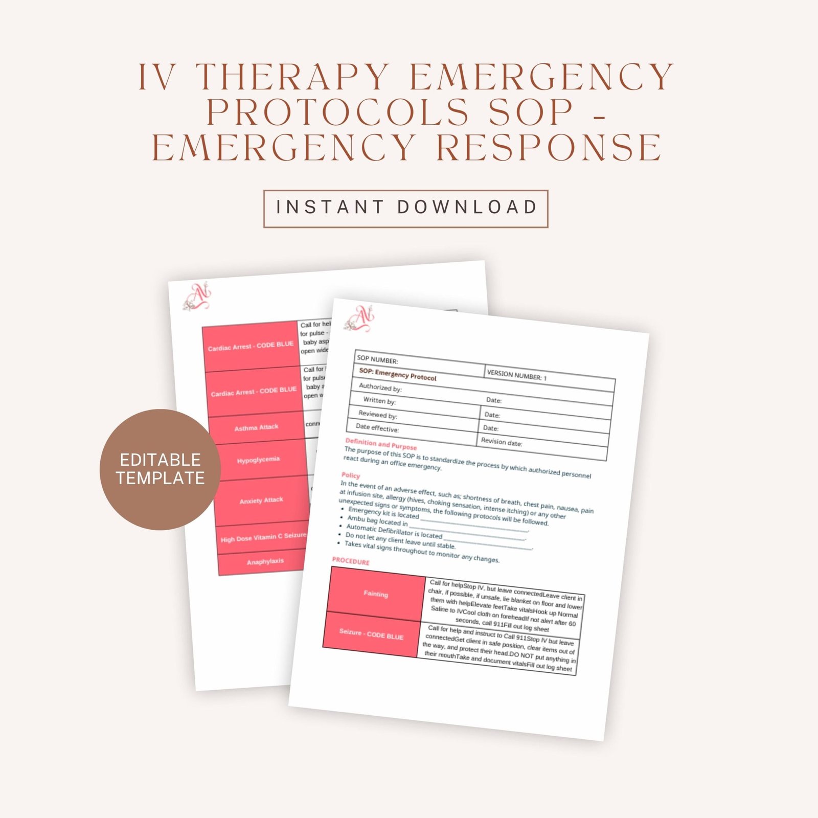 IV Therapy Emergency Protocols SOP – Emergency Response and Management Guide for IV Clinics - Anaphylaxis, Cardiac Arrest & Code Blue - Image 2